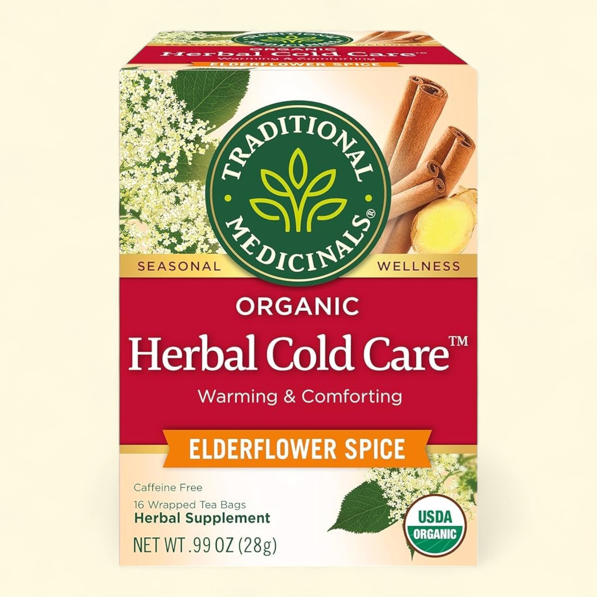 Treatspree Traditional Medicinals Organic Herbal Cold Care Elderflower Spice tea box with cinnamon sticks and ginger.