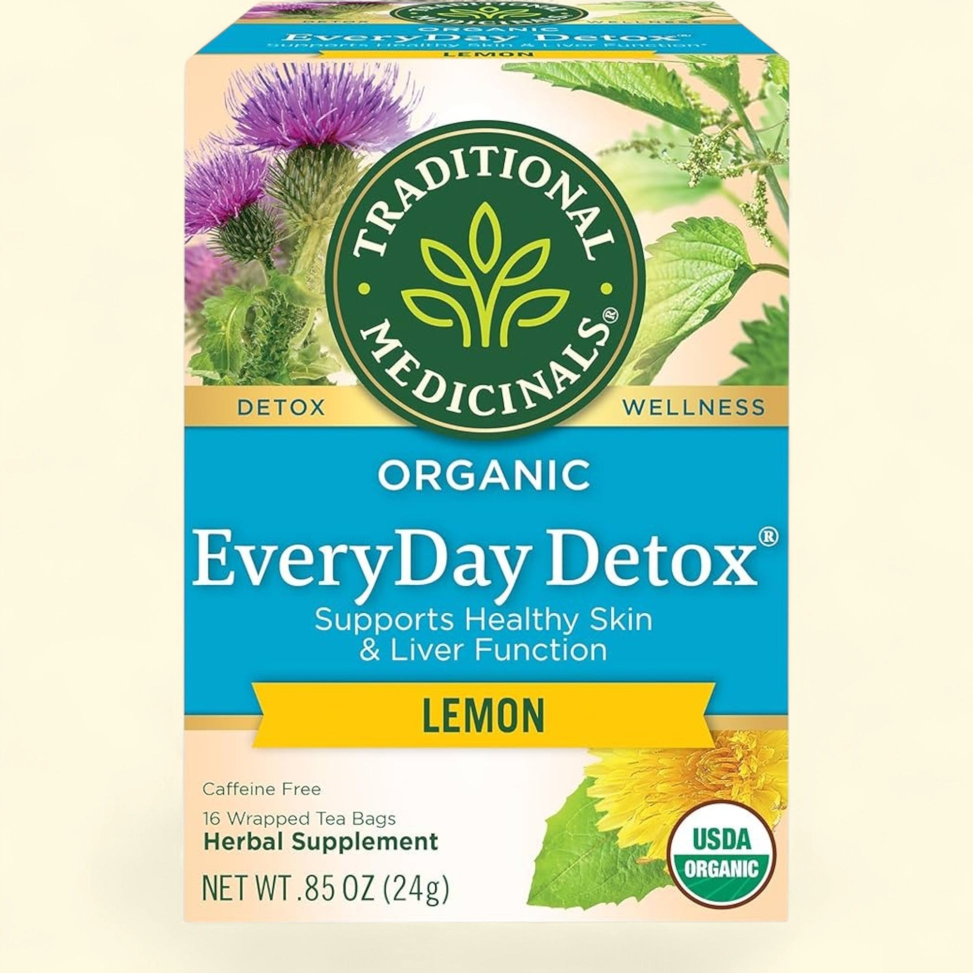 Treatspree Traditional Medicinals Organic EveryDay Detox Lemon Herbal Tea, 16 bags. Supports healthy skin & liver function. Caffeine-free.