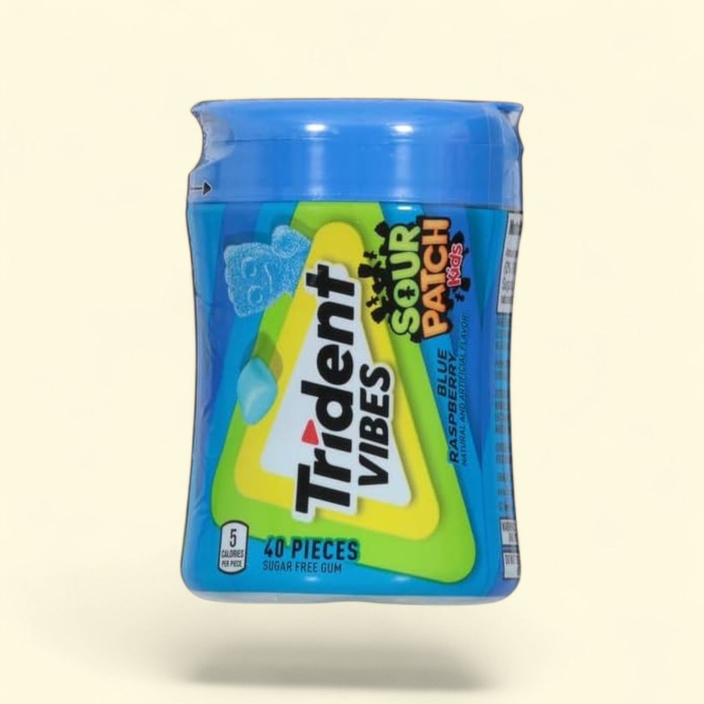 Treatspree Trident Vibes Sour Patch Kids Blue Raspberry sugar-free gum bottle, 40 pieces, 5 calories per piece.