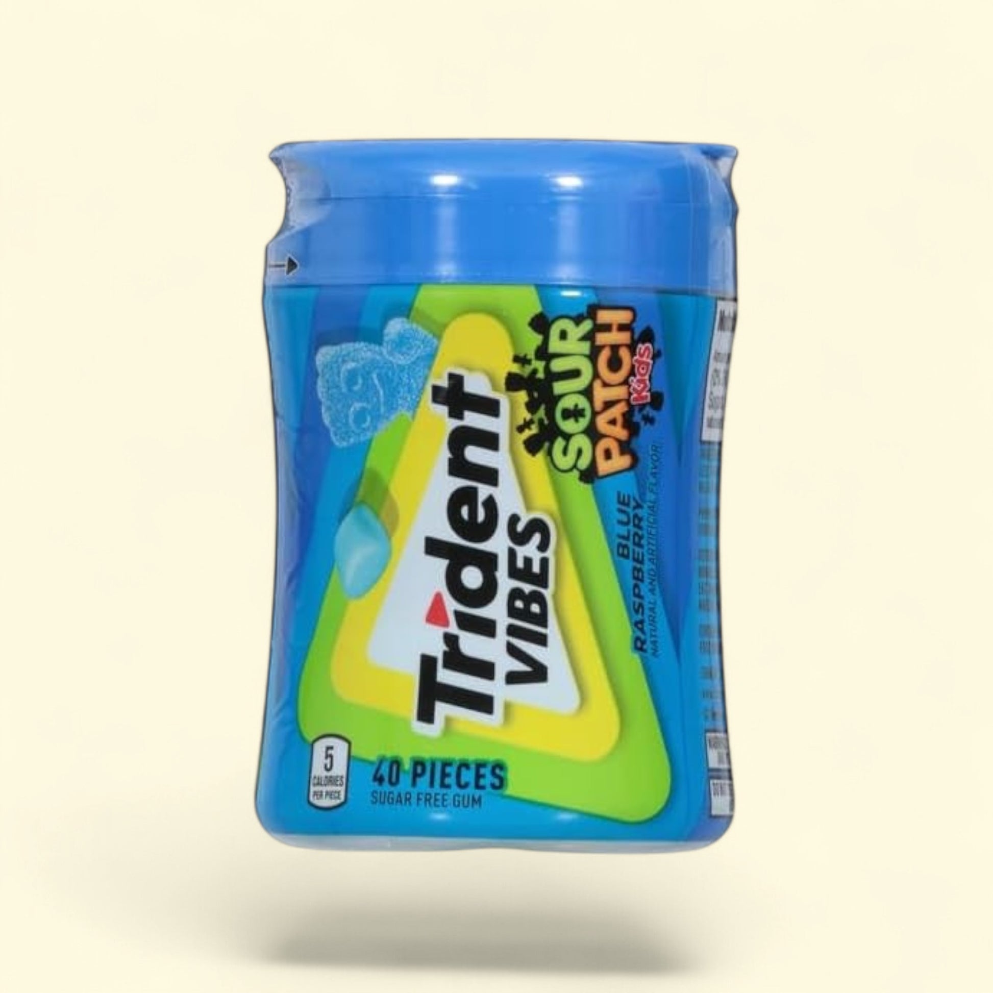 Treatspree Trident Vibes Sour Patch Kids Blue Raspberry sugar-free gum bottle, 40 pieces, 5 calories per piece.