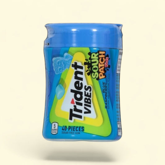 Treatspree Trident Vibes Sour Patch Kids Blue Raspberry sugar-free gum bottle, 40 pieces, 5 calories per piece.