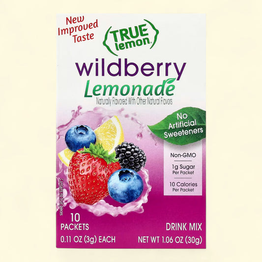 Treatspree True Lemon Wildberry Lemonade Drink Mix Packets, 10 pk. Made with real lemons and wildberries. 10 calories, 1g sugar per packet. No artificial sweeteners.