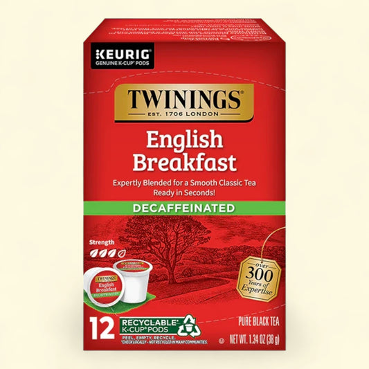 Treatspree Twinings Of London English Breakfast Decaffeinated Black Tea K-Cups, 12 count. Pure black tea.