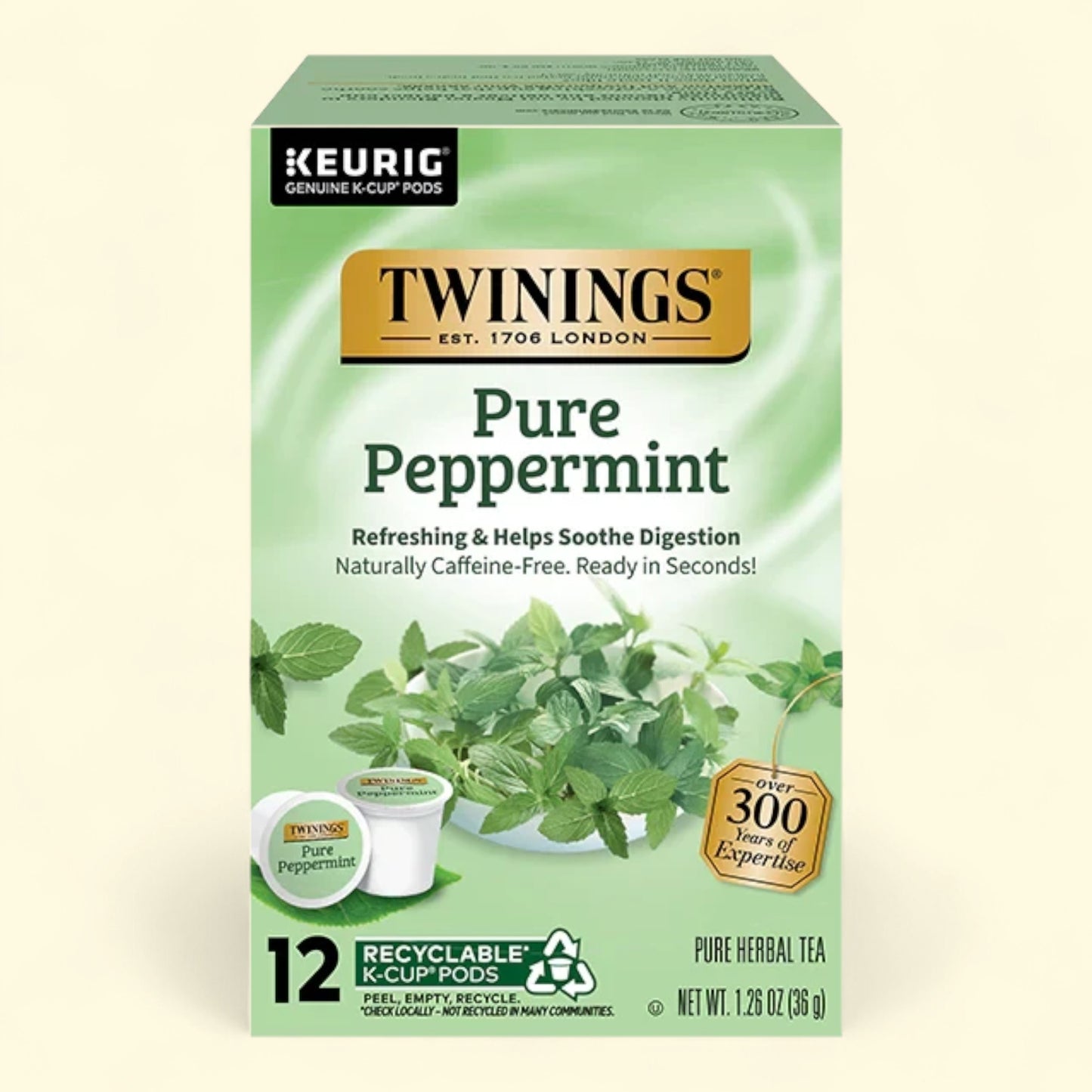 Treatspree Twinings Pure Peppermint herbal tea K-Cup pods, 12 count. Naturally caffeine-free and refreshing.