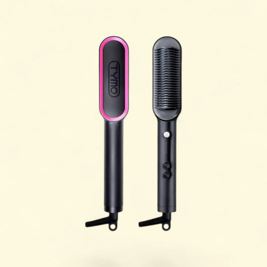 Treatspree TYMO Ring Straightening Ceramic Comb in black with pink trim, 5-in-1 set with 3D heating teeth.