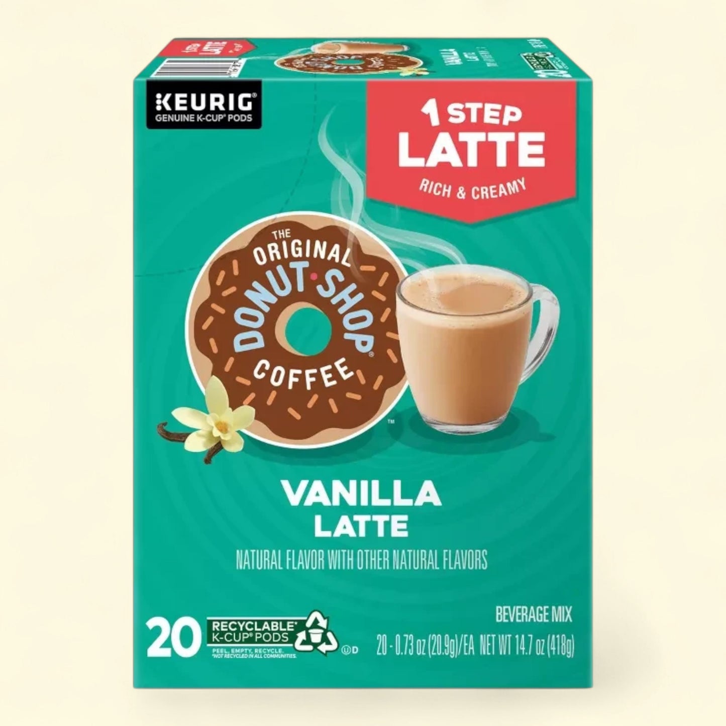 Treatspree The Original Donut Shop Vanilla Dark Roast One Step Latte K-Cup Pods, 20 count. Rich & creamy beverage mix with real dairy and vanilla flavor.