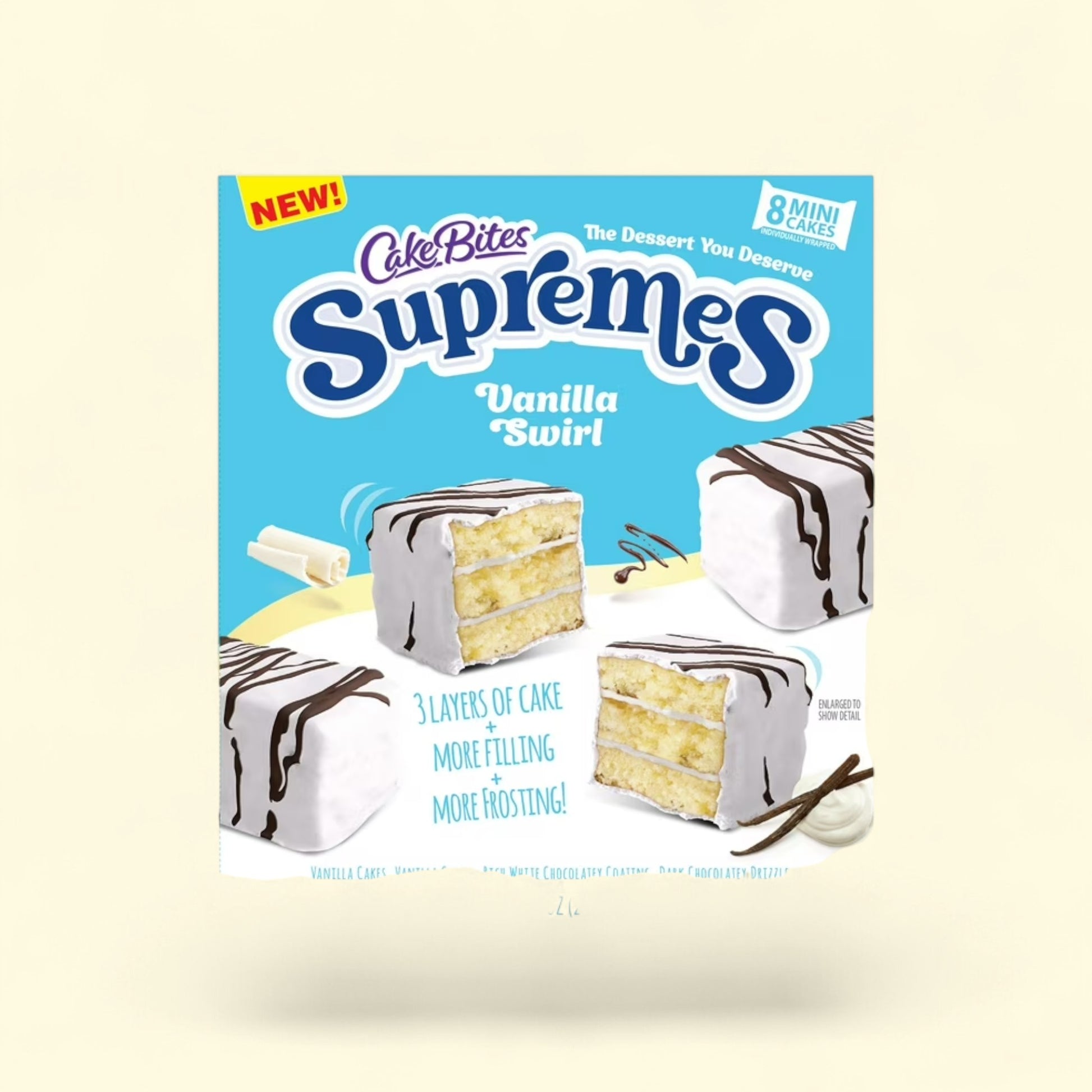 Treatspree CakeBites Vanilla Swirl Supremes: 8 mini cakes with 3 layers of vanilla cake, vanilla cream filling, white chocolate coating, and dark chocolate drizzle.