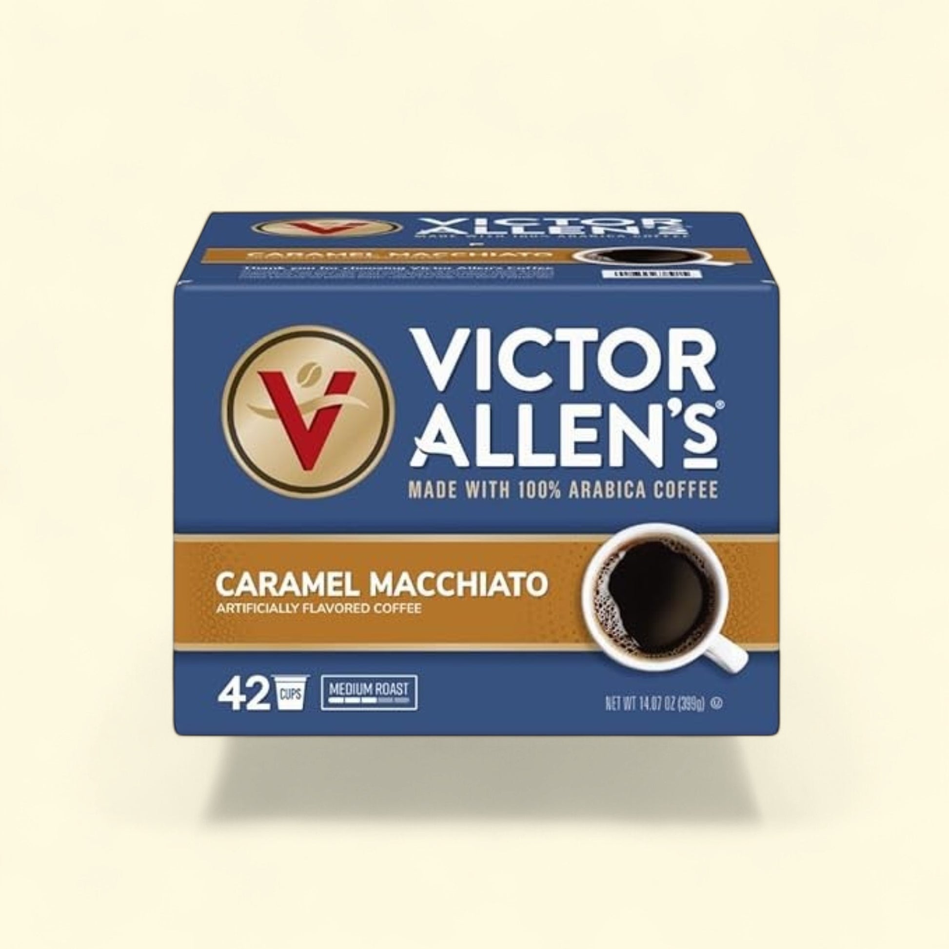 Treatspree Victor Allen's Coffee Caramel Macchiato, 42 count single serve coffee pods, medium roast, artificially flavored.