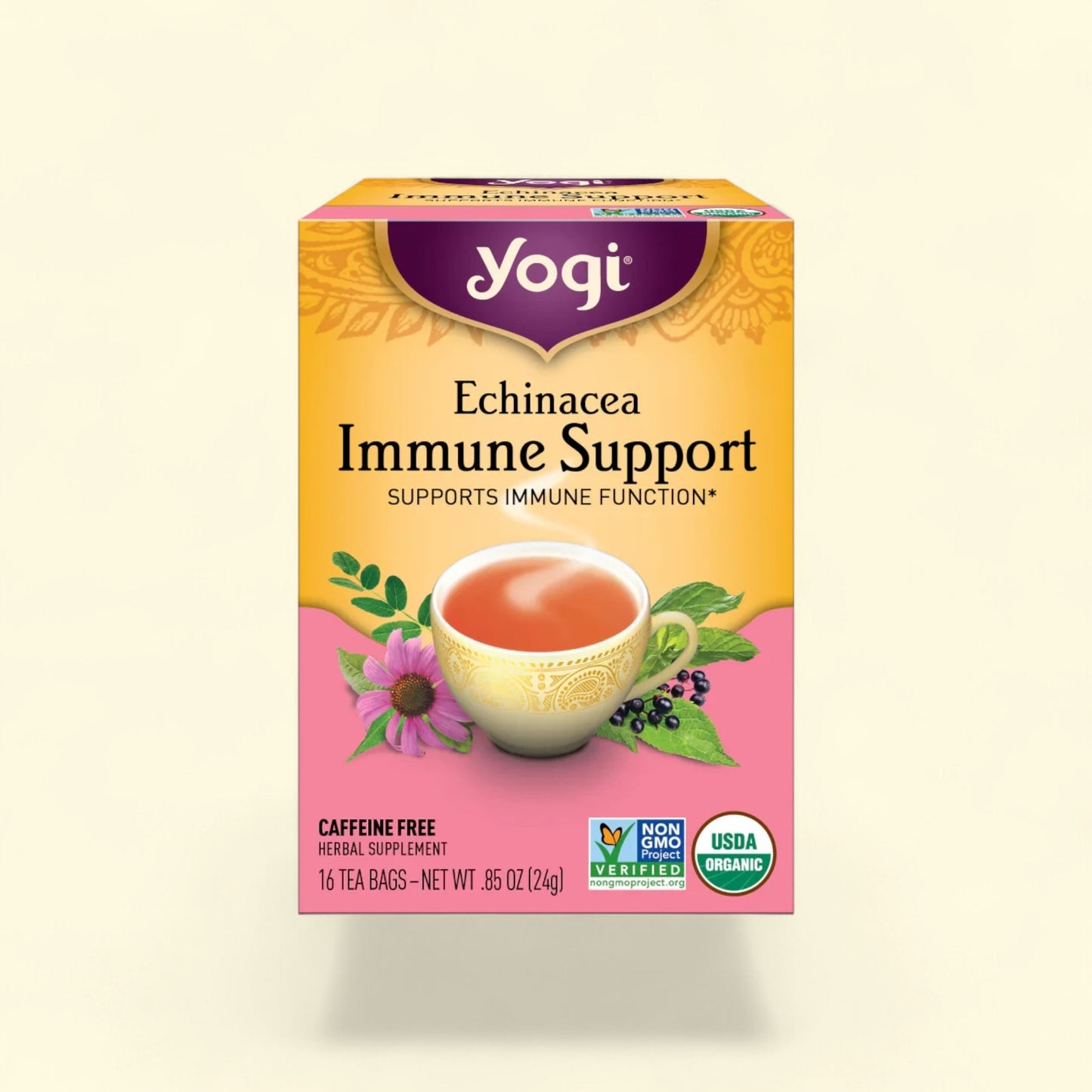 Treatspree Yogi Echinacea Immune Support herbal tea box with 16 caffeine-free tea bags. USDA Organic.