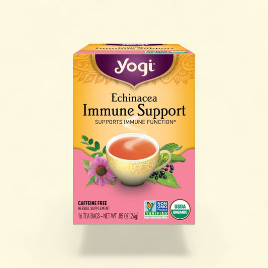 Treatspree Yogi Echinacea Immune Support herbal tea box with 16 caffeine-free tea bags. USDA Organic.