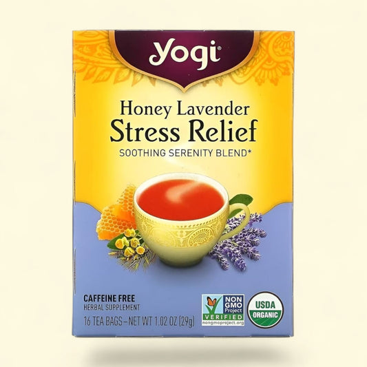 Treatspree Yogi Honey Lavender Stress Relief Tea, caffeine-free herbal supplement, 16 tea bags. Features a cup of tea, honeycomb, and lavender.