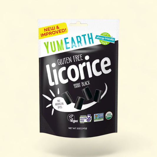 Treatspree YumEarth Organic Black Licorice, 5 oz bag. Gluten-free, vegan, and USDA organic candy with no artificial dyes.