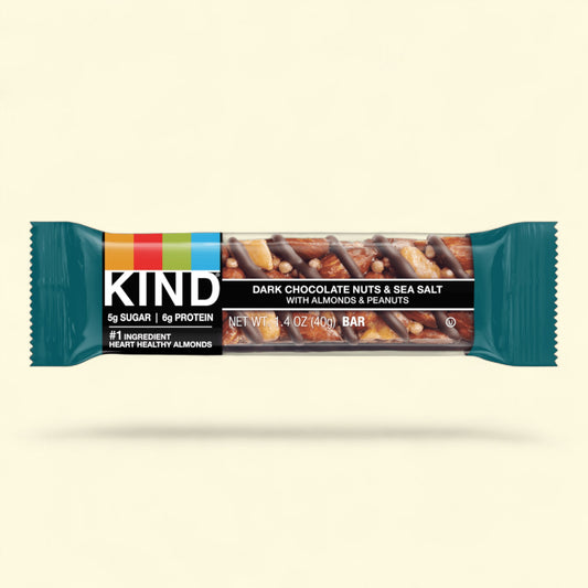 Kind dark chocolate nuts and sea salt bar packaging on a beige background